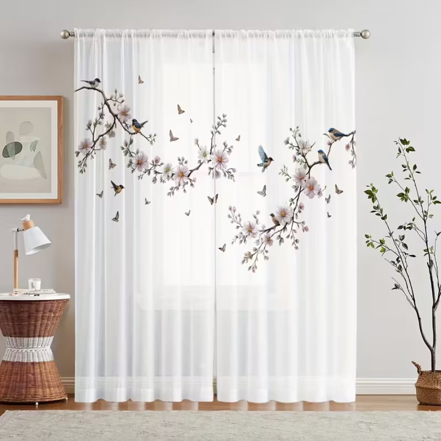 Flower Wall Panel - 2PCS Tirai Transparan Cetak Digital, Tirai