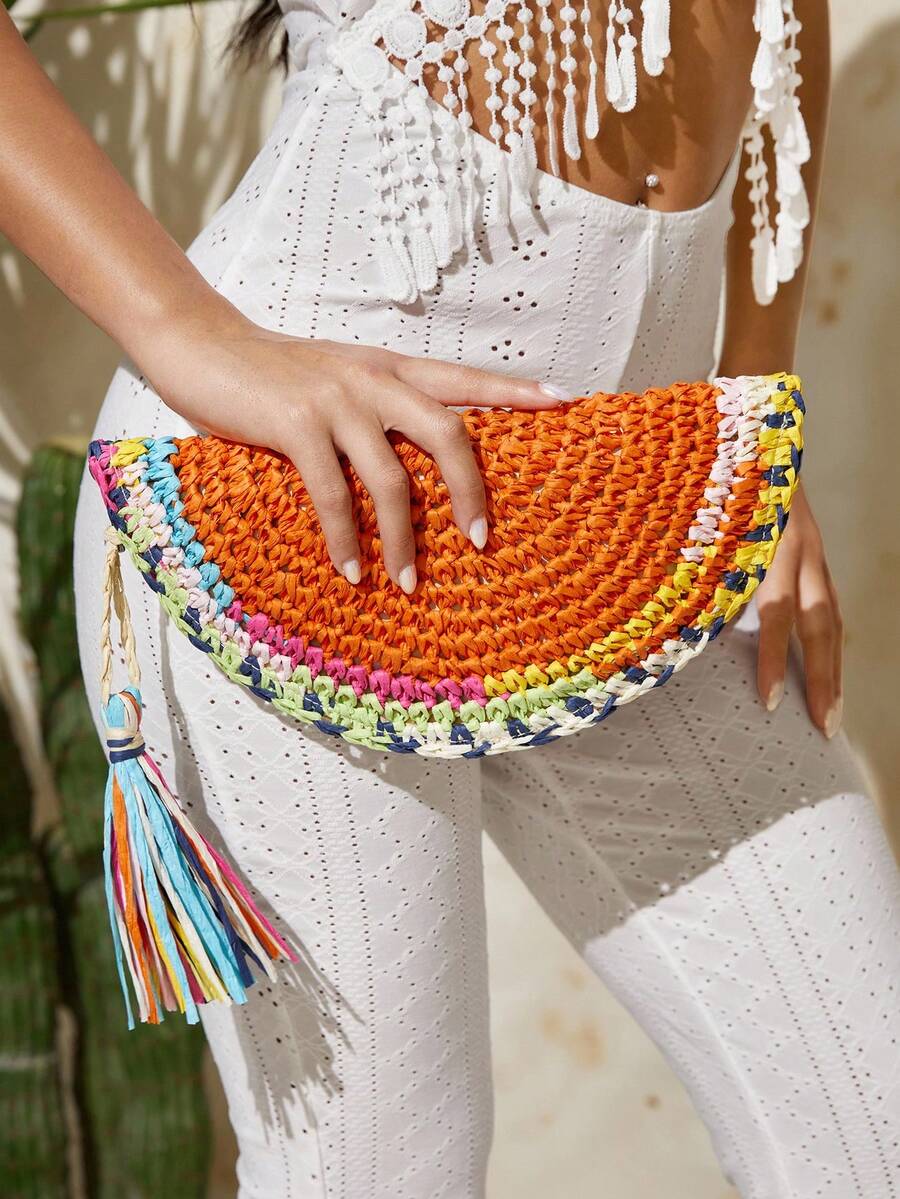Paper Straw Color - Tas Tangan Wanita, Tas Jerami, Rumbai